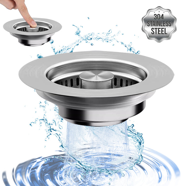 Upgraded 3 in 1 Kitchen Sink Drain Strainer - Stainless Steel Sink Stopper, Anti-Clogging Sink Food Catcher Basket, Fast Drainage Odor Filter Sink Plug for US Standard 3 1/2 inch Drain